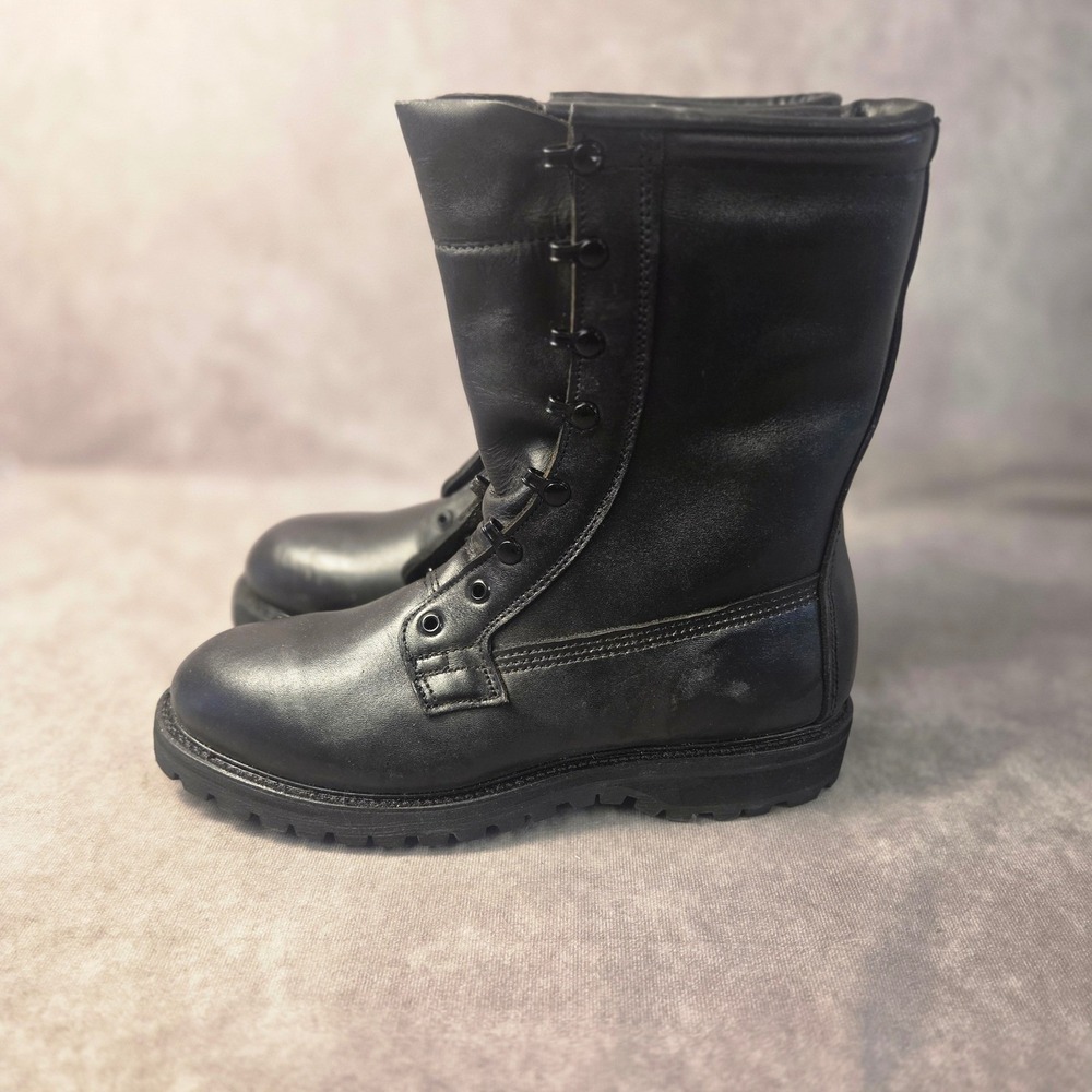 Vibram Blk Leather Combat Boots M-9R High Top Speed Lace Military Style Lug Sole